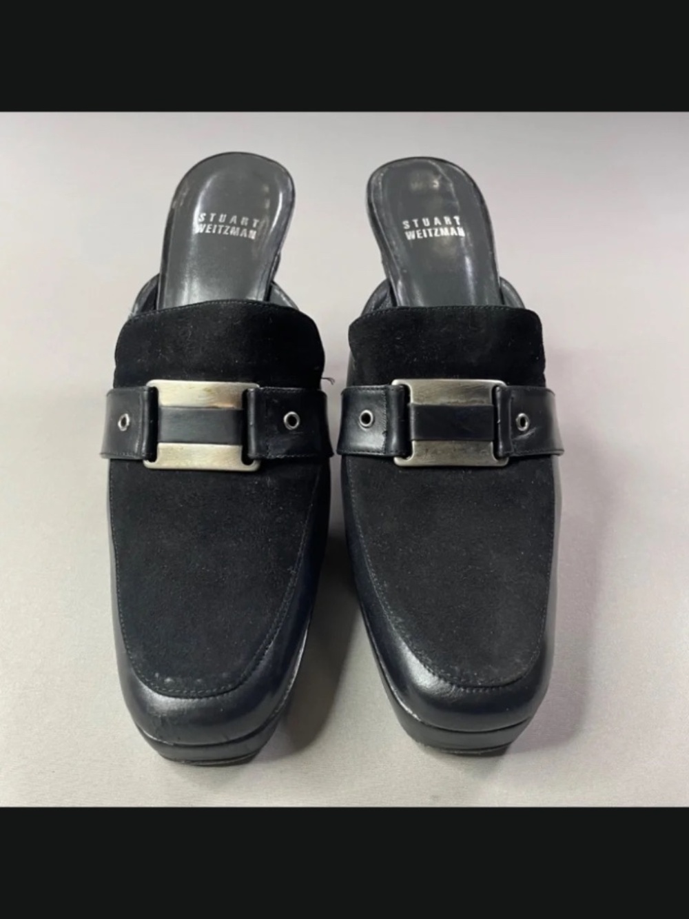 Stuart Weitzman Shoes Womens 8 black leather loafer heels horse bit slip on - Picture 3 of 12